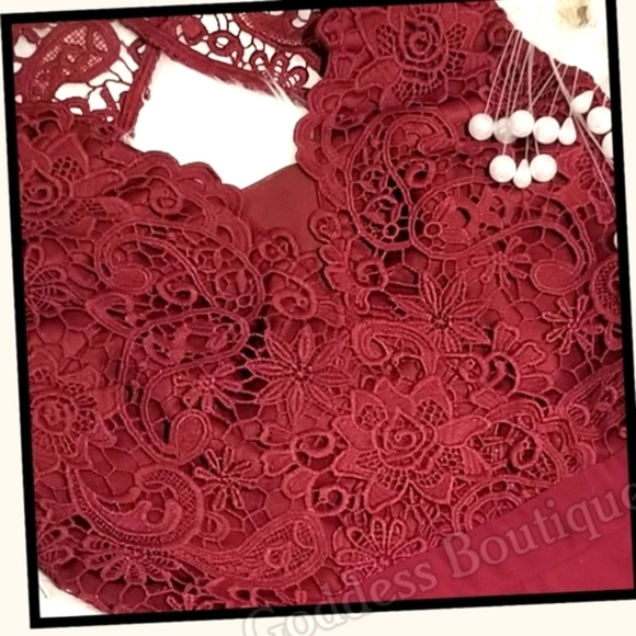 Lulus ✦ Burgundy Lace Skater Dress ✦ Crocheted Bodice w/ Chiffon Open-Back Skirt - Picture 3 of 16
